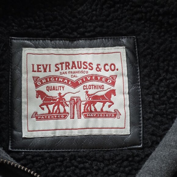 Levi's Trucker Jacket Men L Black Faux Leather LS Hooded Pockets Western Grunge - Picture 3 of 16